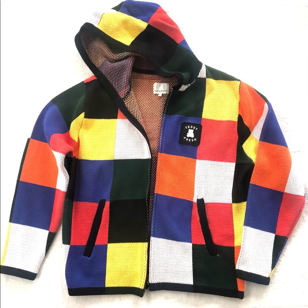 TEDDY FRESH PATCHWORK KNIT ZIP-UP. Heavy zipper and feel! Perfect condition!